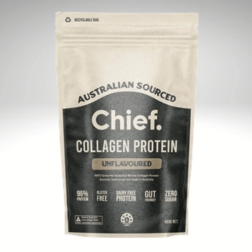 Chief Nutrition Collagen Protein, Australian-sourced, unflavoured, gluten-free, zero sugar, recyclable packaging.