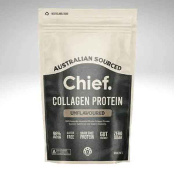 Collagen Protein Powder by Chief Nutrition in resealable bag, Australian sourced, unflavoured, 95% protein.