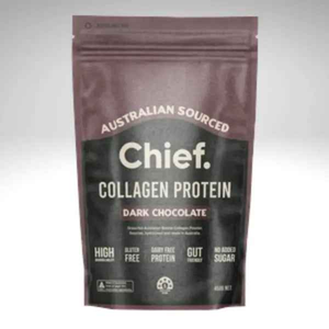 Collagen protein powder by Chief Nutrition in dark chocolate flavor, Australian sourced, free from gluten and added sugar.
