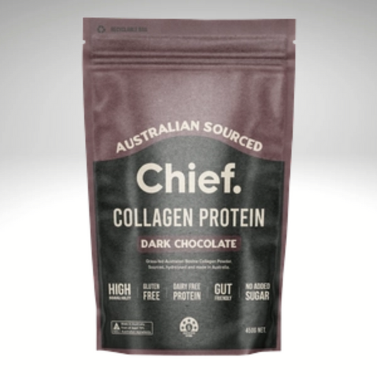 Australian sourced Chief Nutrition Collagen Protein pack in dark chocolate flavor, gluten-free, dairy-free, no added sugar.