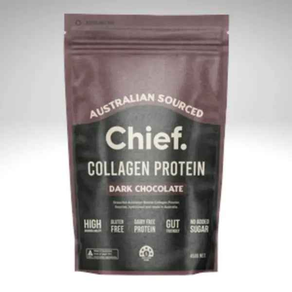 Collagen protein powder by Chief Nutrition in dark chocolate flavor, Australian sourced, free from gluten and added sugar.