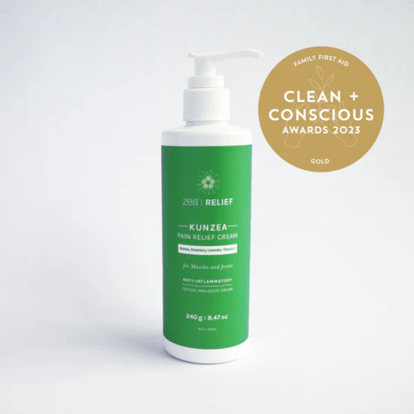 Kunzea Pain Relief Cream 240g by Zea® bottle with award badge, natural pain relief.