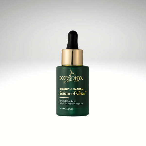 Eco Sonya Serum of Clear 30ml bottle with dropper, organic skincare for acne and radiance.