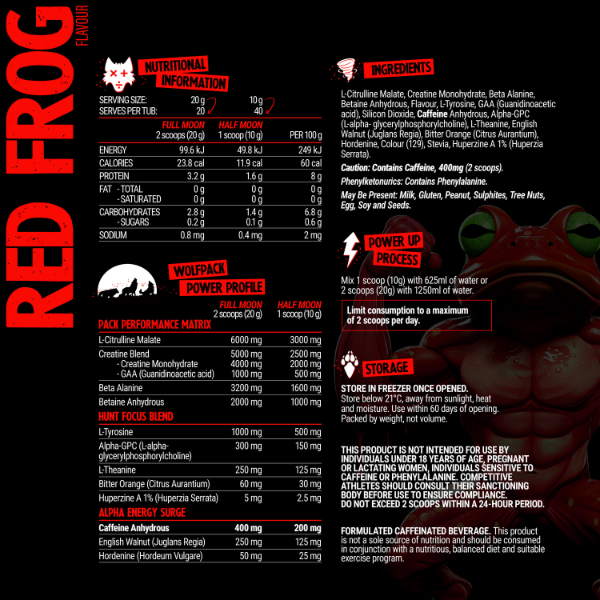 Black Wolf Pre-Workout supplement label with nutritional and ingredient information for optimized energy and focus.