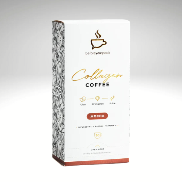 Collagen Coffee box by Before You Speak, infused with biotin and vitamin C, Mocha flavor.