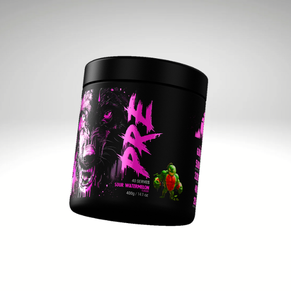 Black Wolf Pre-Workout supplement, Sour Watermelon flavor, 400g, boosts energy and focus for athletes.