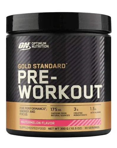 Optimum Nutrition Gold Standard Pre-Workout 30 Serves in watermelon flavor, featuring 175mg caffeine, 3g creatine, and 1.5g beta-alanine for energy and performance enhancement.