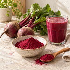 Beetroot powder with fresh beetroots and beetroot smoothie