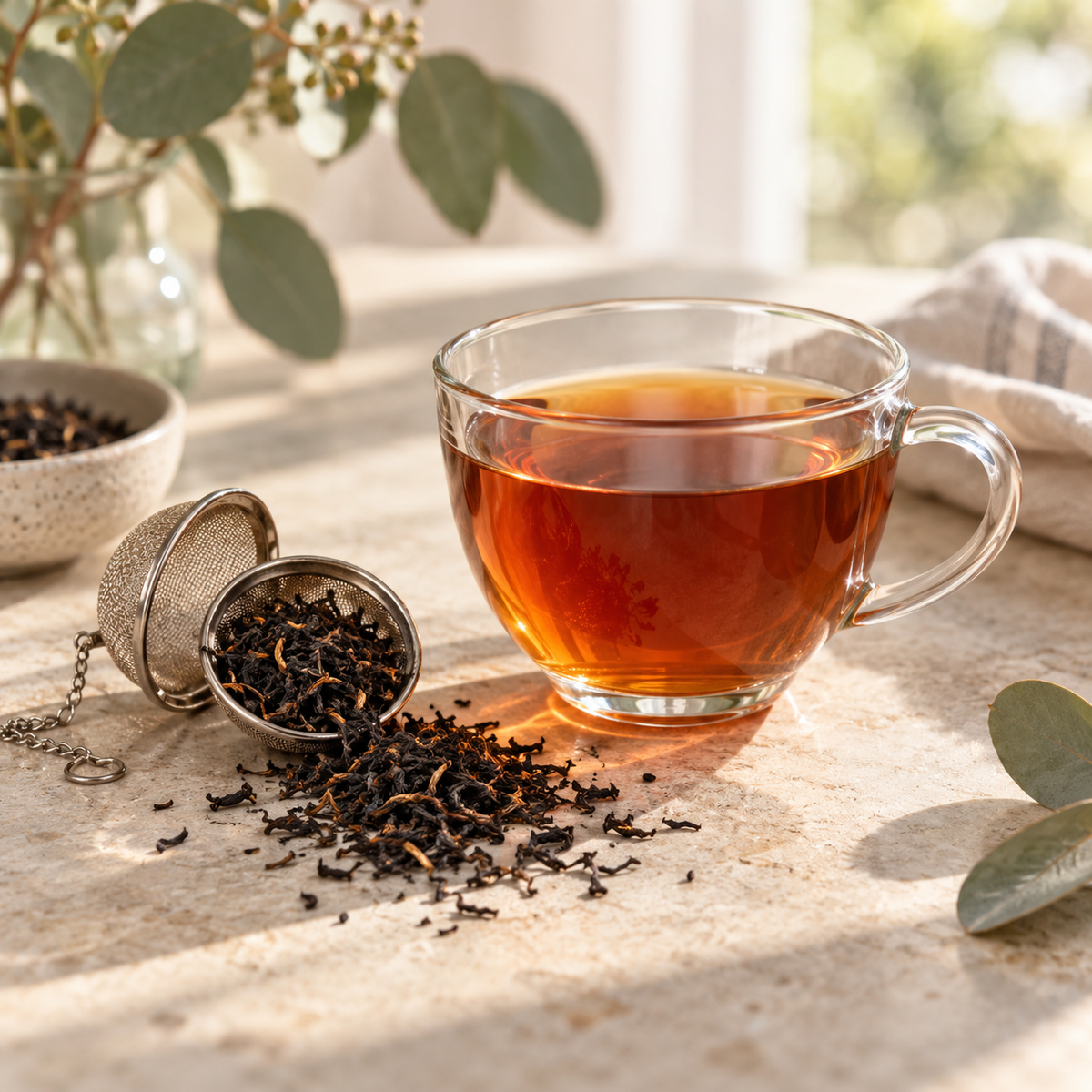 Cup of organic English Breakfast tea with loose tea leaves and infuser