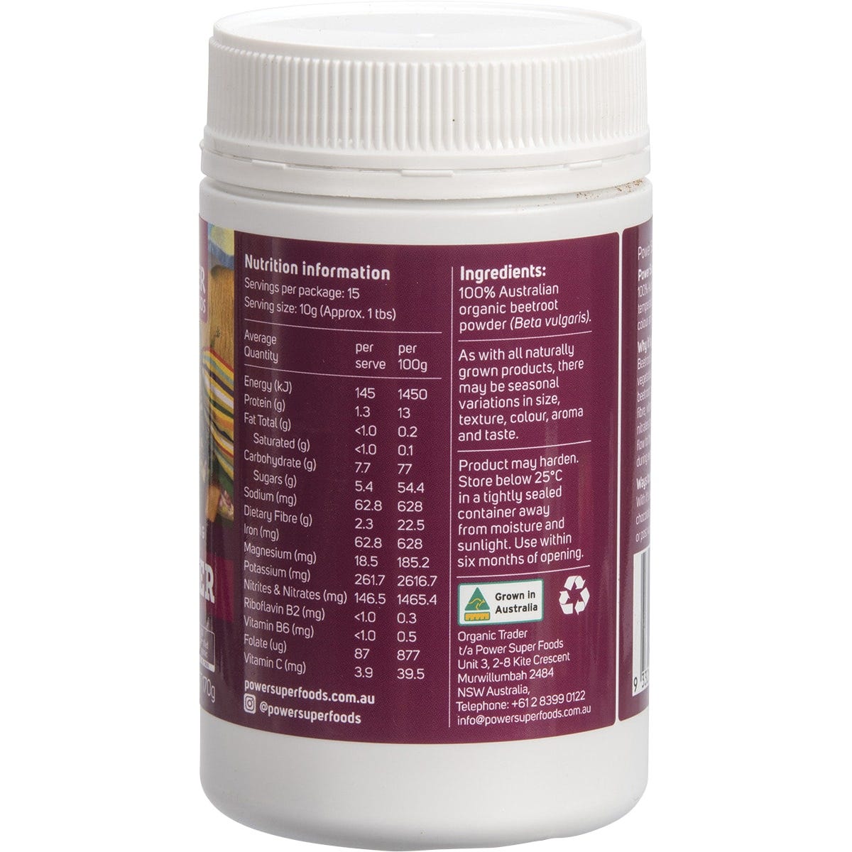 Power Super Foods Organic Beetroot Powder 170g back label and nutrition information