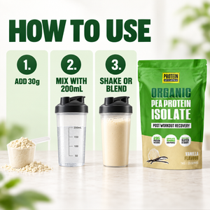 How to use Organic Pea Protein Isolate: add 30 grams, mix with 200 millilitres, shake or blend