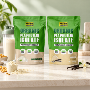 Protein Supplies Australia Organic Pea Protein Isolate Unflavoured and Vanilla with shaker and ingredients