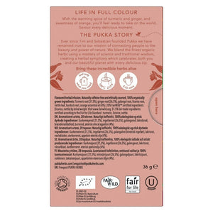 Pukka Herbs Turmeric Ginger and Orange Tea back pack ingredients and brewing directions