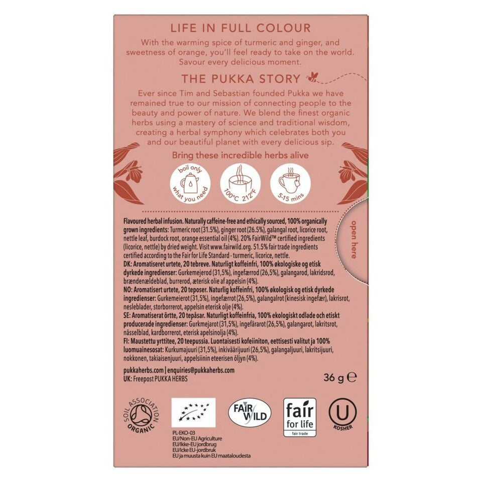 Pukka Herbs Turmeric Ginger and Orange Tea back pack ingredients and brewing directions