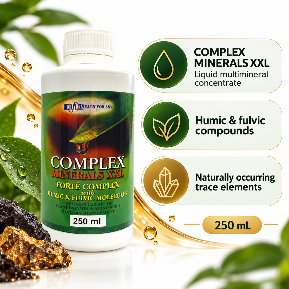 Reach For Life Complex Minerals XXL liquid multimineral, humic and fulvic compounds, and trace elements