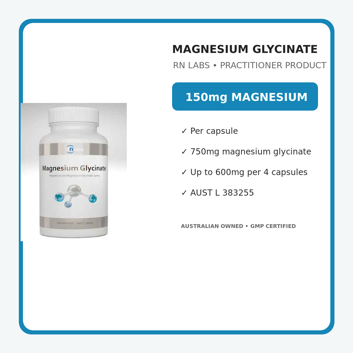 RN Labs Magnesium Glycinate formula with 150mg elemental magnesium per capsule
