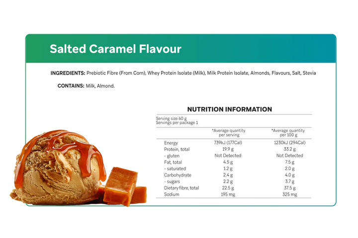 Salted Caramel flavored Smart Protein Bar with ingredients and nutrition facts.