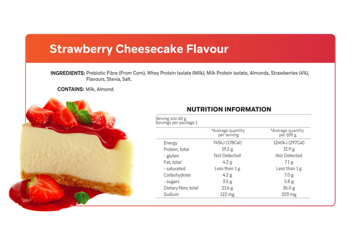 Strawberry Cheesecake Smart Protein Bar packaging with nutritional details and ingredients.