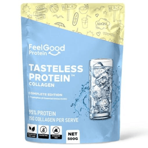 Tasteless protein collagen supplement by Feel Good Protein, supporting skin, hair, and joint health, 500g.