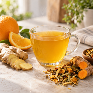 Golden turmeric ginger and orange herbal tea with fresh ingredients