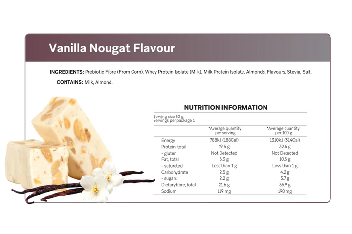 Vanilla Nougat Smart Protein Bar with nutritional information and ingredients.