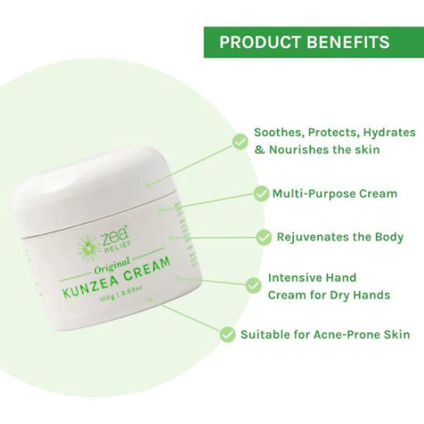 Zea Relief Original Kunzea Cream, 100g jar with product benefits for skin care.